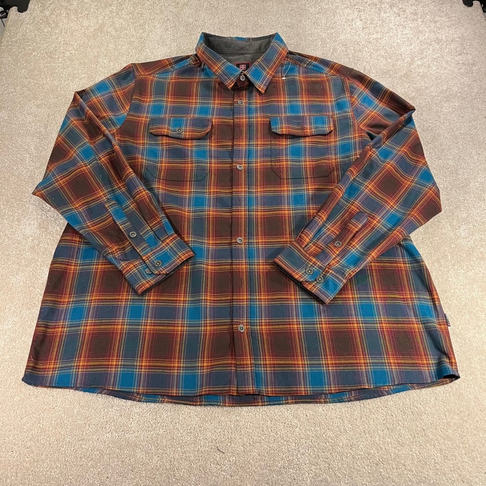 Swiss‎ Tech Button Up Shirt Mens 3XL Antique Teal Plaid Stretch Long Sleeve
